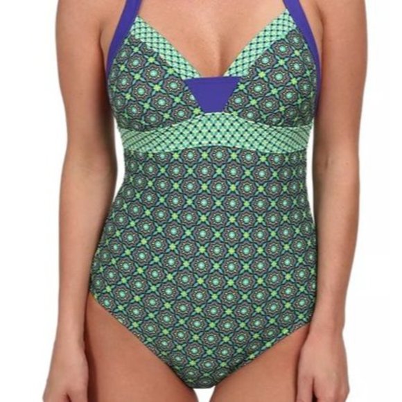 Prana Womens XS One-Piece Swimsuit With Blue Green & Yellow Geometric Print Halt - Picture 9 of 12